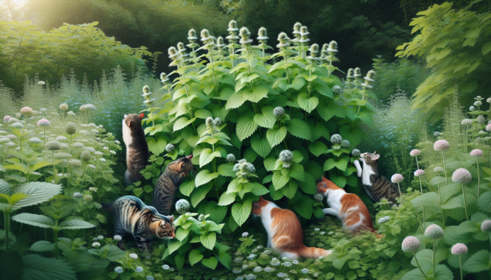 Cats playing with Nepeta cataria, showcasing square stems, serrated leaves, and petite white flowers in a garden setting.