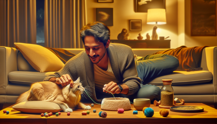 A person and cat engaging with catnip toys in a snug living room, enhancing their bond.
