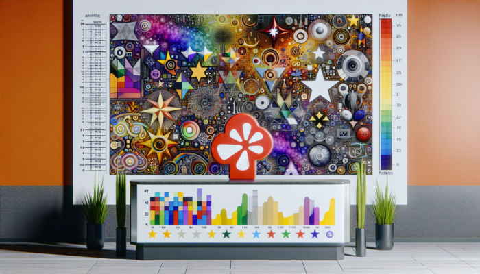 A modern analytics dashboard featuring colourful graphs and the Yelp logo, illustrating restaurant business performance metrics.