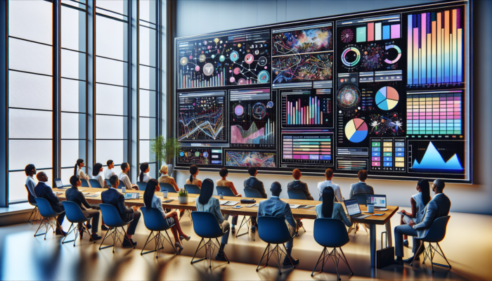 A team analysing vibrant Google Business Analytics graphs displayed on a large screen in a contemporary office.