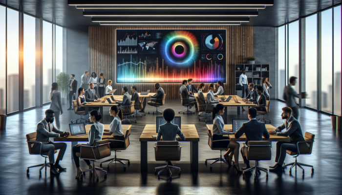 A modern office featuring a digital screen displaying Google Business Analytics dashboards, with a team strategising on data optimisation.