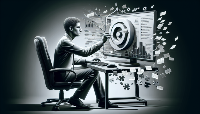 Individual configuring Google Business Analytics, looking frustrated, having overlooked key steps like goal setting and tracking code installation.