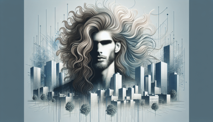 A stylish man with medium-long, layered hair, showcasing volume and texture against a modern urban backdrop.