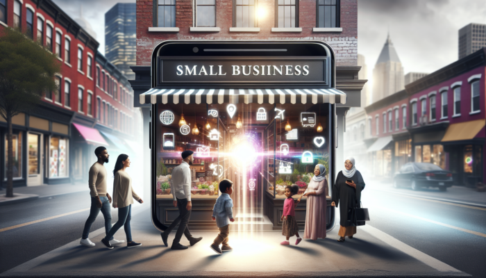 A vibrant Google local listing on a smartphone drawing customers to a busy small business storefront.