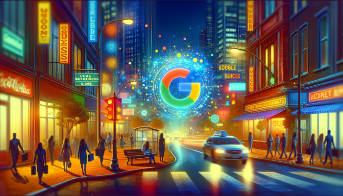 A bustling city street featuring a Google Business sign, various local businesses, and charts depicting SEO improvement.