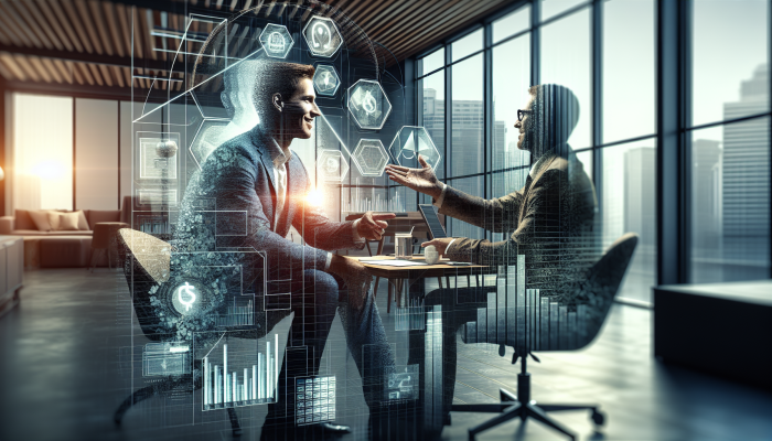 A person negotiating lower interest rates with a financial advisor in a cosy office, surrounded by financial documents.