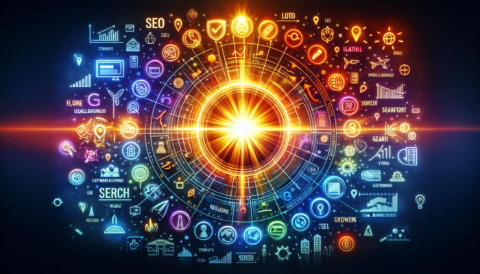 A Google Business Post interface showcasing rising SEO metrics, surrounded by search engine and local business icons.