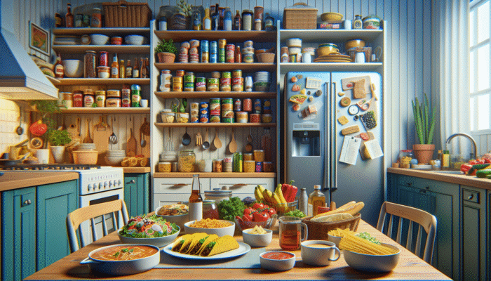 Best Tips for Cooking on a Budget: A colourful weekly meal planner featuring Mexican tacos, Italian pasta, and an organised pantry and fridge.
