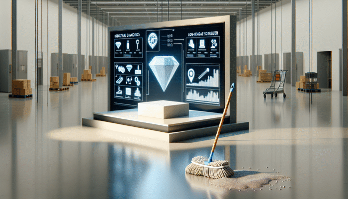 Industrial diamond tools and low-moisture scrubbers delicately treating stone, creating a lasting shine, in contrast to a standard supermarket mop.