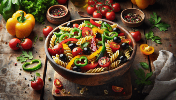 Best Potluck Dishes That Travel Well: Colourful pasta salad with bell peppers, tomatoes, olives, and vinaigrette on a rustic table.
