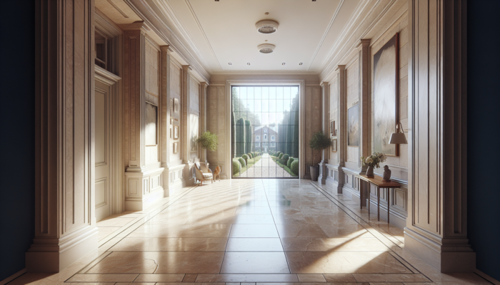 Robust travertine tiles in a luxurious UK home hallway, showcasing natural stone texture and lasting beauty.