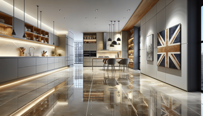 Glossy limestone floor in a modern UK kitchen, enhanced by a topical sealer for shine and protection.