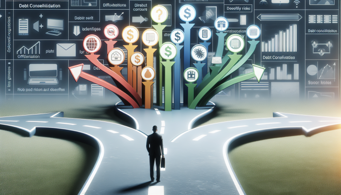 Debt Consolidation for Beginners: A Practical Guide | DCL A person at a crossroads with signposts showing different debt consolidation loan types and their attributes.