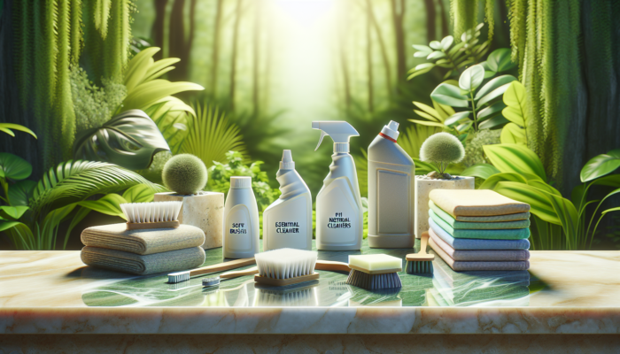 A selection of essential travertine cleaning products displayed on a gleaming surface with a lush greenery background.