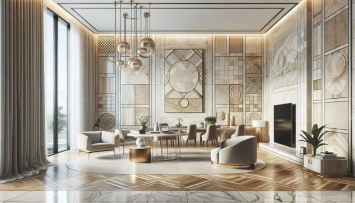 Interior of a UK home showcasing classic beige, ivory, and walnut travertine tiles blending elegance with contemporary style.