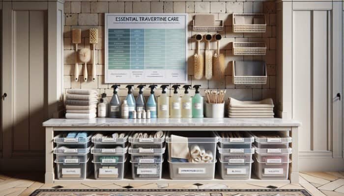 Organised cleaning station in a UK home showcasing travertine care essentials including cleaners, brushes, and cloths on a travertine floor.