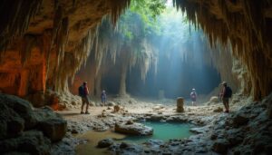 Four people with backpacks stand inside the majestic ATM Cave Belize, surrounded by stalactites, rocky formations, and a small pool of water. Sunlight shines through an opening above, illuminating the center like a true Adventure Guide’s dream.