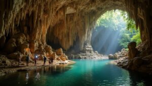 A group of people with backpacks and flashlights stand near the edge of a clear blue pool inside Belize’s famous ATM Cave, with sunlight streaming in past stalactites and greenery on their thrilling Adventure Guide-led journey to the Crystal Maiden.