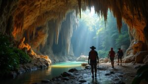 Three people with backpacks and hats walk through the majestic ATM Cave Belize, beside a shallow stream. Sunlight streams in from the entrance, illuminating rocky walls and green surroundings—an adventure guide leads them past ancient stalactites.
