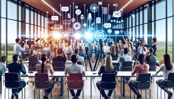 Diverse clients providing enthusiastic testimonials in a modern office equipped with digital recording tools.