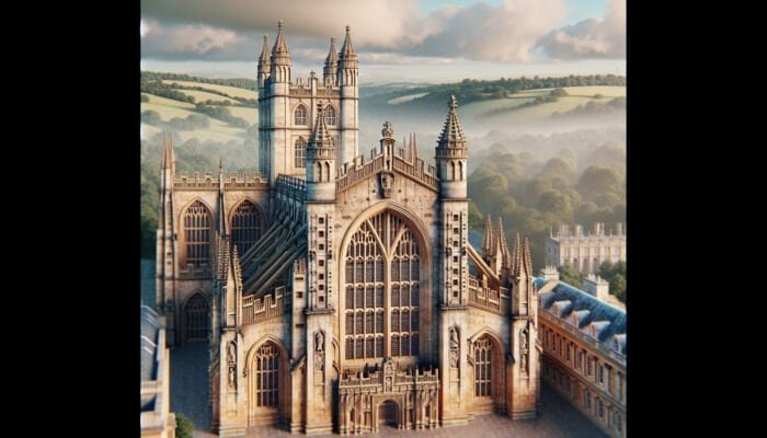 Restored limestone façade of Bath Abbey in Somerset, showcasing rejuvenated stonework after steam cleaning and chemical treatments.