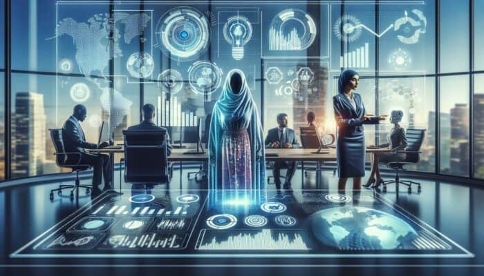 Futuristic dashboard displaying graphs and analytics, with a team analysing customer data in a modern office setting.