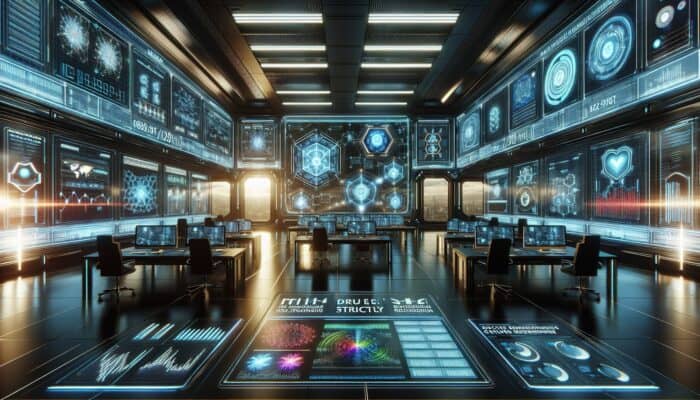 A futuristic control room featuring holographic displays that show secure data flows and CRM analytics, surrounded by advanced cybersecurity measures and encryption symbols.