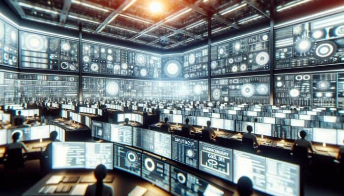 High-tech control room with screens displaying backup and recovery processes during a retail store system failure.