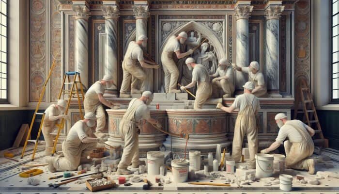 Restoration professionals using traditional methods to restore a historic UK building, focusing on authenticity and historical context.