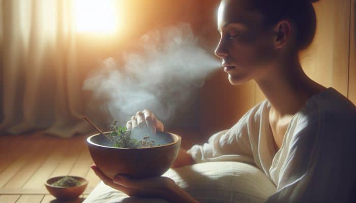 Person inhaling steam from a bowl infused with eucalyptus and peppermint, enveloped in warm mist for respiratory health.