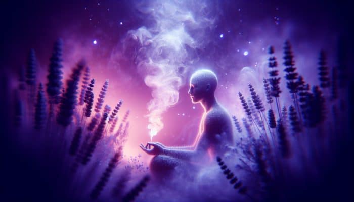 Person inhaling calming lavender steam in a peaceful home spa, surrounded by soft purple hues.