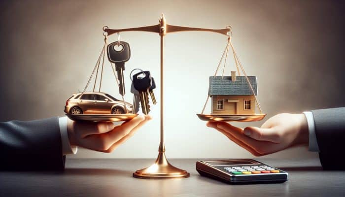 Debt Consolidation for Multiple Credit Cards: A UK Guide | DCL Individual weighing house and car keys against credit cards, contemplating secured versus unsecured loans.
