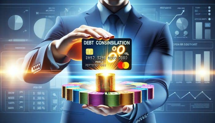 Debt Consolidation for Multiple Credit Cards: A UK Guide | DCL Individual transferring colourful credit card balances to a new card with "0%" symbol, depicting debt consolidation.