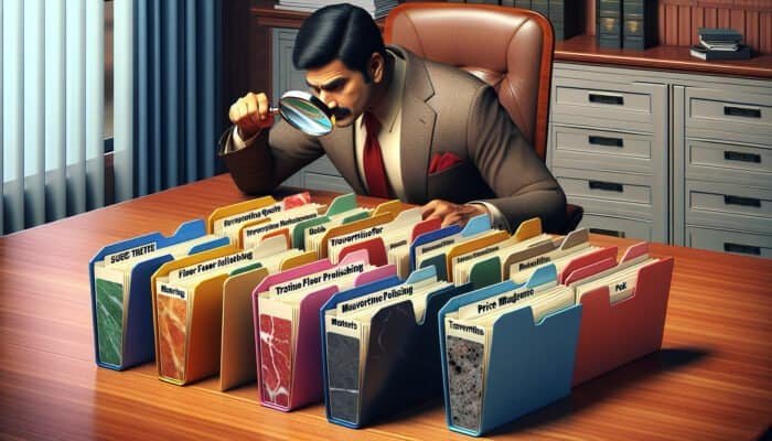 Person comparing travertine floor polishing quotes, using folders and magnifying glass on wooden table.