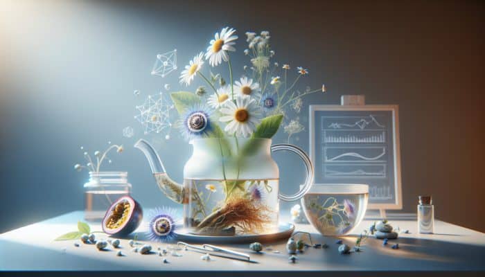 A serene herbal tea setup with chamomile, valerian root, and passionflower, promoting relaxation and restful sleep.