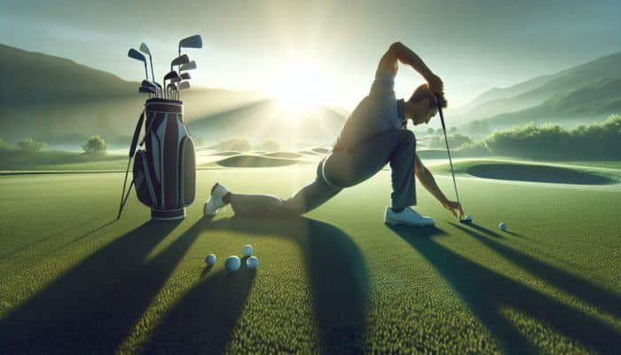 Golfer stretching on a green course at sunrise, with clubs and bag, focusing on flexibility and mobility.