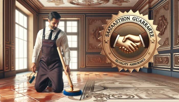 Professional polishing terracotta floor, satisfaction guarantee certificate displayed, symbolizing trust and quality in elegant room.