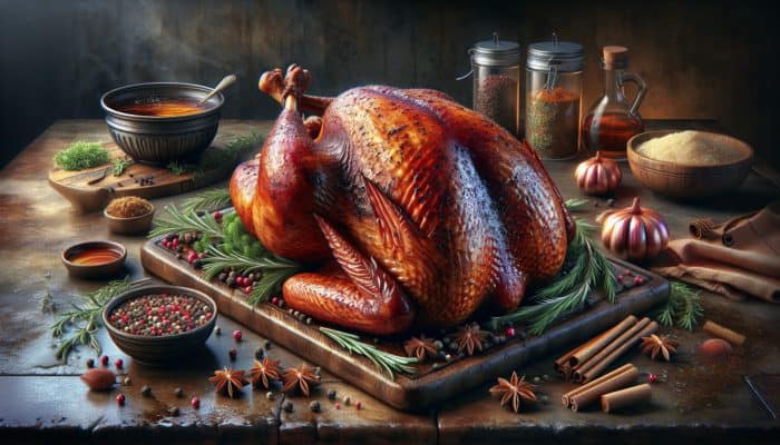 A delectable smoked turkey adorned with herbs and spices, glistening in a rustic kitchen.
