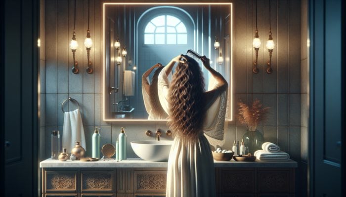 A woman expertly sectioning her damp, wavy hair in a tranquil bathroom with soft lighting and soothing decor.
