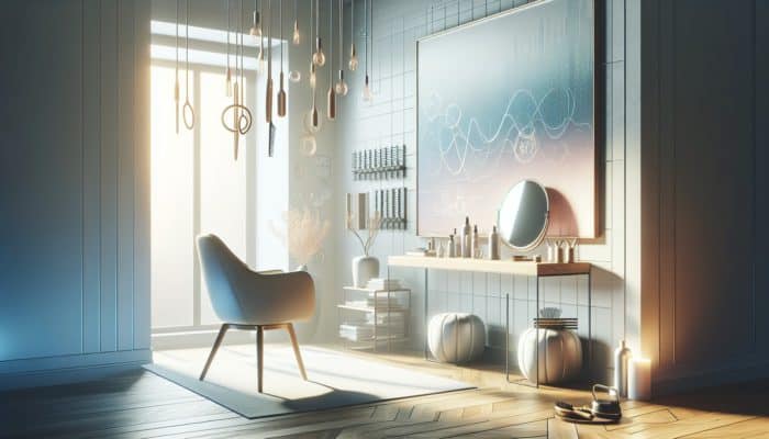 A peaceful room featuring a comfortable chair, large mirror, and detangling tools neatly arranged on a table, with soft music playing in the background.