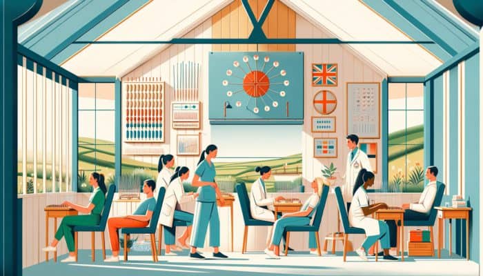 A serene UK landscape featuring acupuncture clinics, traditional Chinese medicine, and patients receiving treatments.