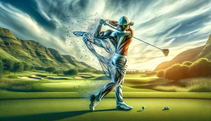 South African golfer mid-swing, core muscles engaged, on lush golf course, demonstrating stability and strength.