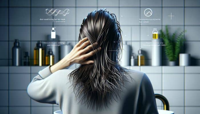 Person applying hair mask and oil in modern bathroom, enhancing hair's shine and health.