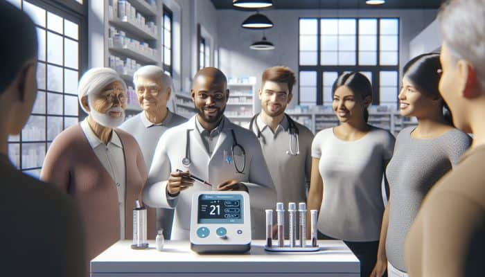 A modern pharmacy with trained staff guiding a diverse group through diabetes testing, showing immediate results on digital screens.