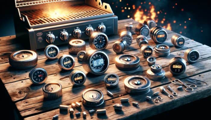 Various grill timers displayed on a wooden table: mechanical with dials, digital with countdown features and magnetic backs, alongside a lit barbecue grill.