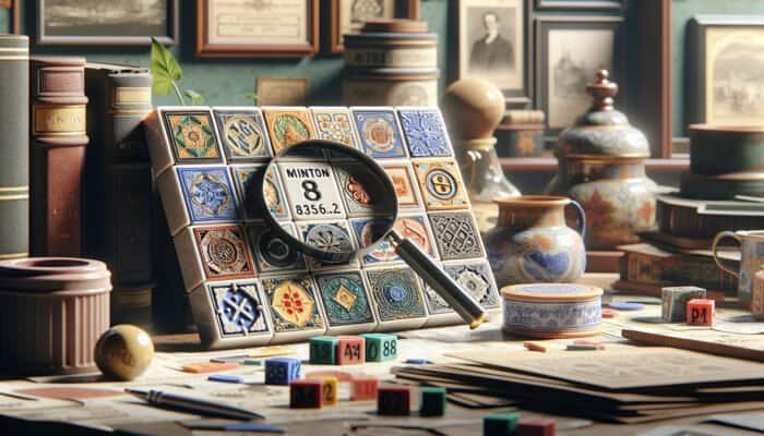 Examining Minton tiles with various backstamps and authenticity marks, in a collector's study.