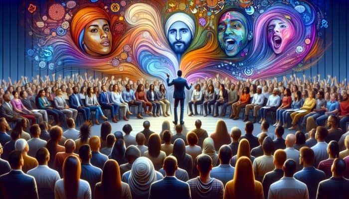 A diverse audience engaged with a storyteller weaving an enchanting narrative, surrounded by vibrant colours.