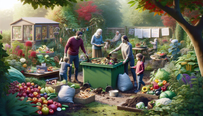 Family in a UK garden using a compost bin with kitchen scraps and garden waste, surrounded by thriving plants.