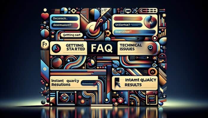A user-friendly FAQ page on a computer screen featuring sections like "Getting Started," "Technical Issues," and "Billing Questions," complete with a search bar.