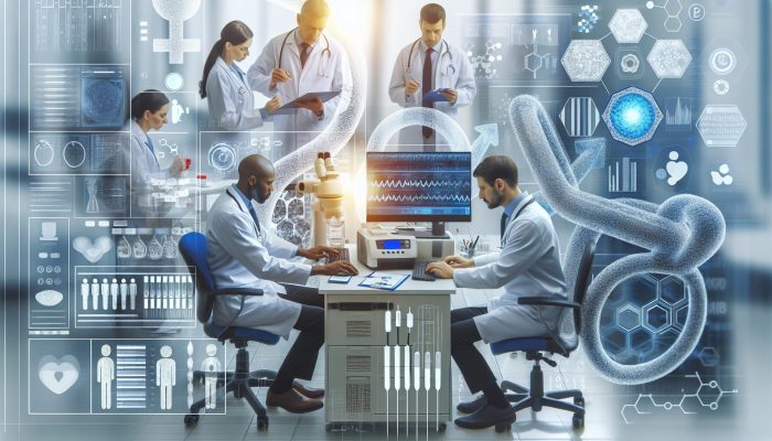 Illustration of male hormone testing in Stowmarket clinic, experts analyzing results on advanced equipment.